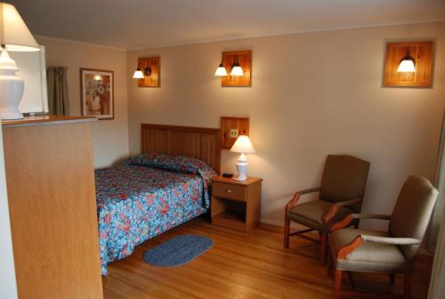 um quarto de hotel com uma cama e uma cadeira em Grand View Motel em Wilmington