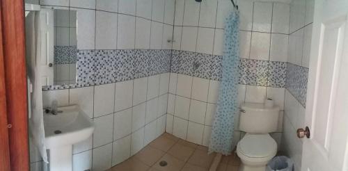 a bathroom with a toilet and a sink and a shower at Hostal Casa San Miguel in Masaya
