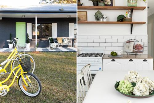 two images of a house with a yellow bike parked in the yard at The Woods Farm Jervis Bay in Tomerong