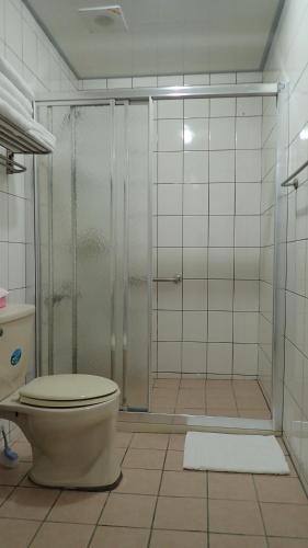 a bathroom with a toilet and a glass shower at 樸宿庭園民宿 南投民宿312號 in Lugu