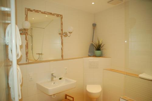 a bathroom with a sink and a toilet and a mirror at Hotel-Ferienwohnungen Cafe Maarblick in Schalkenmehren
