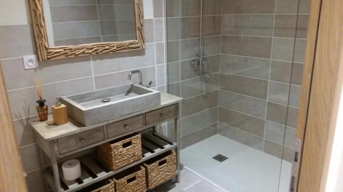 a bathroom with a sink and a shower at Le Clos d'Any in Fontet