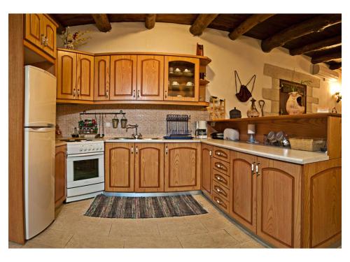 a kitchen with wooden cabinets and a white refrigerator at Villa Aloni in Fílippos