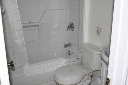 y baño pequeño con aseo y ducha. en The Country Inn Motel, en Gander