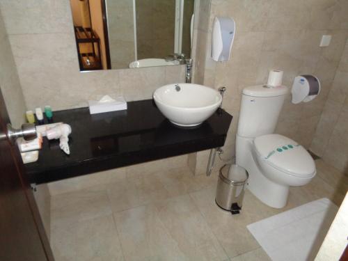 a bathroom with a sink and a toilet and a mirror at Rajarata Hotel Anuradhapura in Anuradhapura