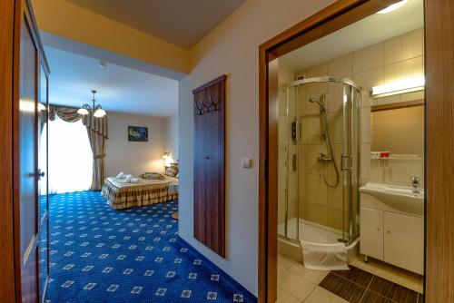 a bathroom with a shower and a bathroom with a bed at Hotel Liptakówka in Białka Tatrzanska