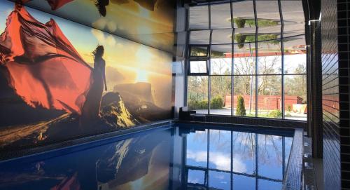 a swimming pool with a large painting on the wall at Hotel Business Faltom Gdynia in Rumia