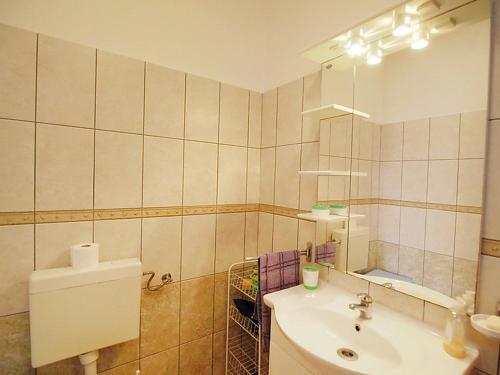 a bathroom with a sink and a mirror at Sonja Vacation home in Podorjak