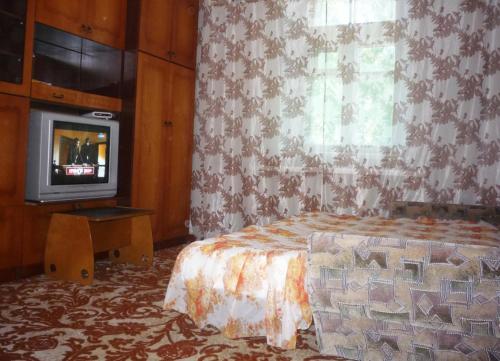 a bedroom with a bed and a tv and a window at Apartment near KVINT in Tiraspol