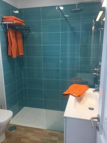a bathroom with a shower and a sink and a toilet at Apartamento Albatros in Puerto del Carmen