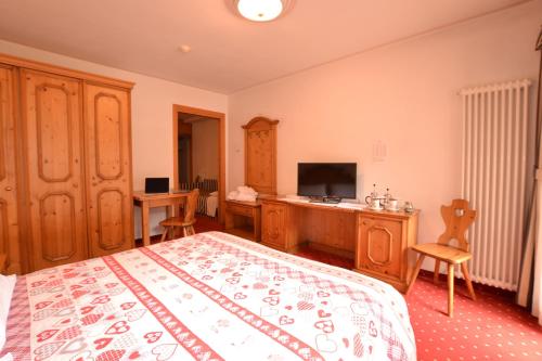 a room with a bed, chair, desk and a television at Hotel La Montanina in Alleghe