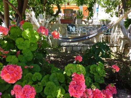 a garden with pink flowers and a hammock at Elena Rista Studios in Parga