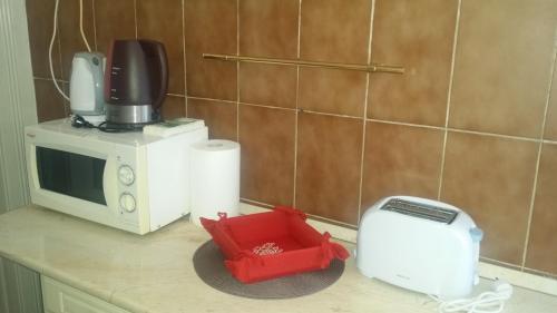 a microwave and a toaster on a kitchen counter at Horváth Apartmanház in Kaposvár