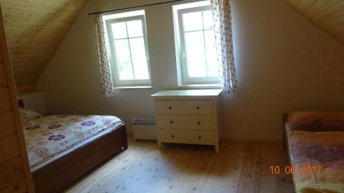 a bedroom with a bed and two windows at Chaloupka za potůčkem in Županovice