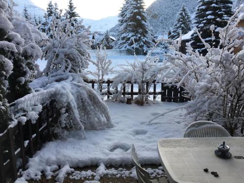 a snow covered yard with a table and trees at Studio Residence Le Stella in Ancelle