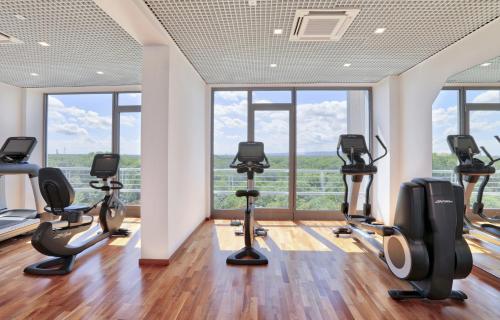 a gym with treadmills and ellipticals in a room with windows at SOALTEE Hotel by Trip Inn Frankfurt Messe Tagungshotel in Frankfurt/Main