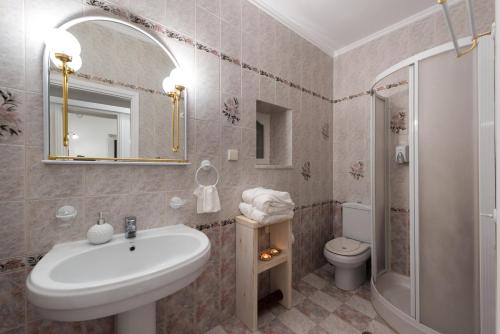 La salle de bains est pourvue d'un lavabo, de toilettes et d'un miroir. dans l'établissement Aronia Villa, à Imerovigli