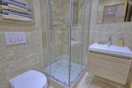 une salle de bain avec une douche, des toilettes et un lavabo dans l'établissement 202-Appartement renove vieil antibes, à Antibes