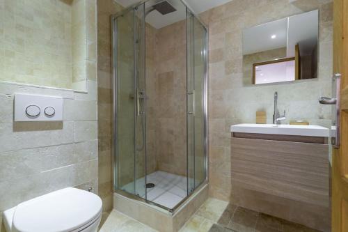 La salle de bains est pourvue d'une douche, de toilettes et d'un lavabo. dans l'établissement 102-Appartement Refait à neuf vieil Antibes, à Antibes