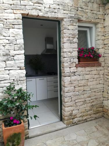 an open door to a kitchen with two potted plants at Apartments Villa Ina in Brseč