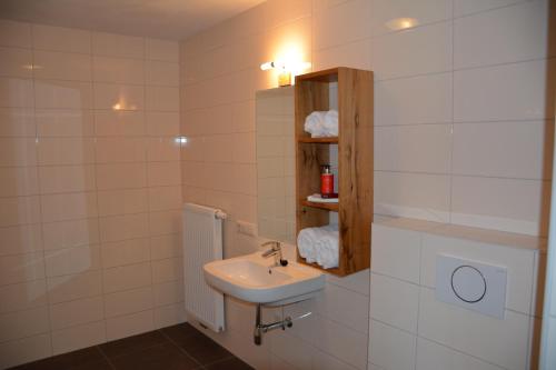 een badkamer met een wastafel en een plank met handdoeken bij 2 persoons appartement in Heeze