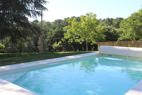 - une piscine dans une cour avec une clôture et des arbres dans l'établissement Gite Le Refuge des Ecureuils, à Campsegret