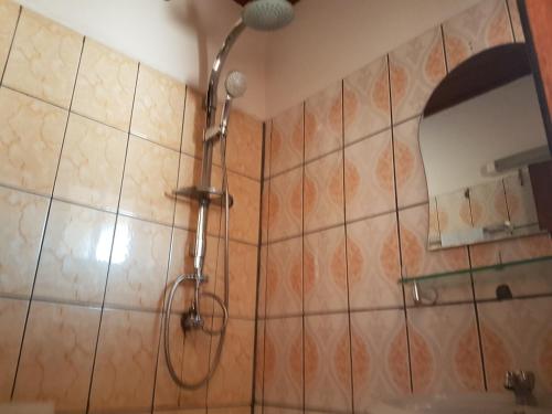 a shower in a bathroom with a tile wall at Maison Rose in Douala