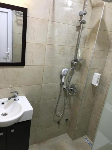 a bathroom with a shower and a sink at Villa Nina Hotel & Lounge bar in Skopje