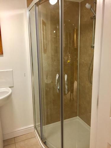 a shower with a glass door in a bathroom at March Cottage Brecon in Brecon