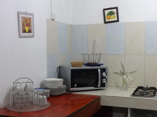 a microwave sitting on a counter in a kitchen at Hostal Vaihere in Hanga Roa