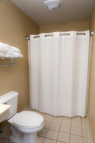 a bathroom with a white shower curtain and a toilet at Country Inn & Suites by Radisson, Milwaukee Airport, WI in Milwaukee