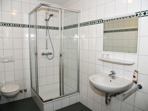 a bathroom with a shower and a sink and a toilet at Hotel-Restaurant Rotes Einhorn Düren *** Superior in Düren - Eifel