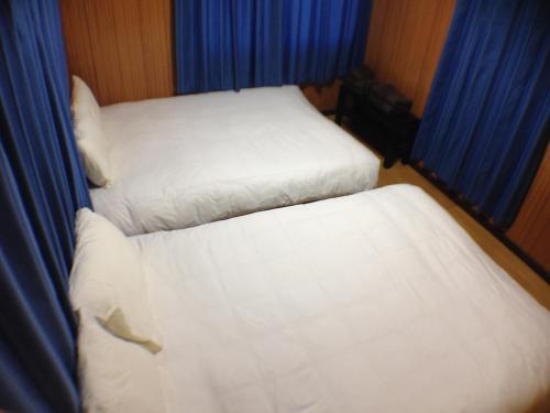 two twin beds in a room with blue curtains at Family Resort Apartment in Funabashi