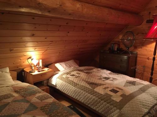 a bedroom with two beds in a log cabin at Deja vu in Shika