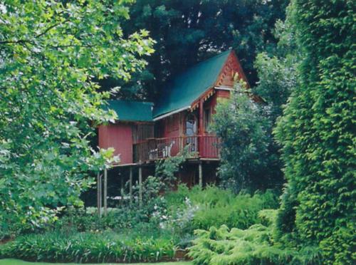 a red cabin with a green roof in the woods at Sycamore Avenue Treehouses & Cottages Accommodation in Windy