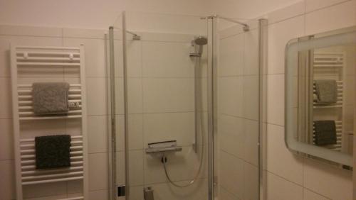 um chuveiro na casa de banho com uma cabina de duche envidraçada. em Casa Herkules em Kassel