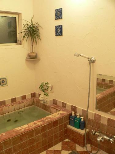 a bathroom with a bath tub with a shower at Country Inn Mori no Gorilla in Kitashiobara