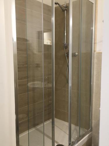 a shower with a glass door in a bathroom at B&B Piazza Viola in Ascoli Piceno