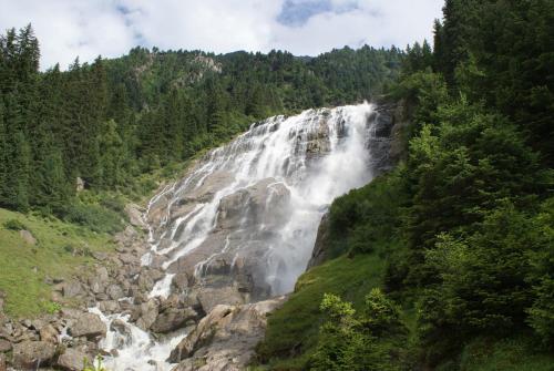 a waterfall in the middle of a forest at Hotel Gasteigerhof in Neustift im Stubaital