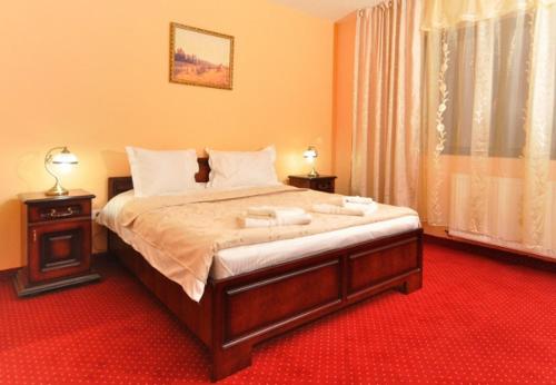 a bedroom with a large bed and a red carpet at Camves Inn in Sighetu Marmaţiei