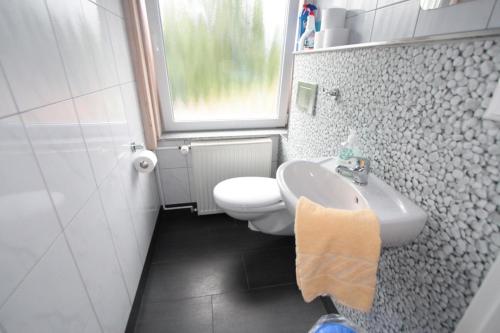 a bathroom with a white toilet and a sink at Ferienanlage Forellenhof in Ledenitzen