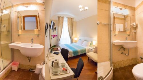 y baño con cama, lavabo y ducha. en Hotel Martino Ai Monti en Roma