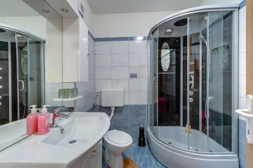 La salle de bains est pourvue d'un lavabo, d'une douche et de toilettes. dans l'établissement Apartment Matija, à Čunski