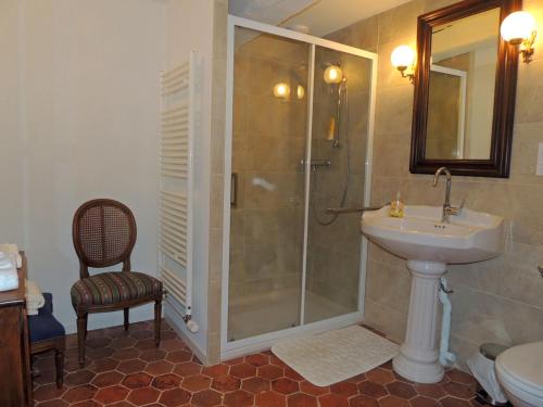 a bathroom with a shower and a sink at Maison Romane 1136 in Cluny