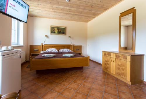 a bedroom with a bed and a television in it at Sodyba Ignė in Druskininkai