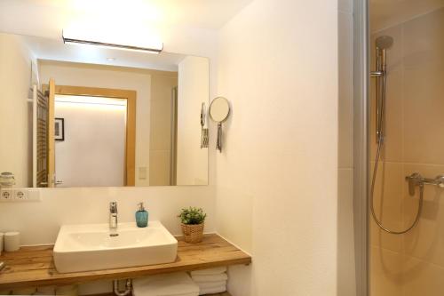 een badkamer met een wastafel en een spiegel bij Flatscherbauer in Lofer