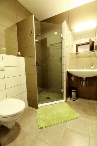 a bathroom with a shower and a toilet and a sink at Ipari Park Panzió in Szolnok