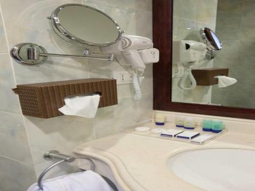 a bathroom with a sink and a mirror at Atlantic Palace Hotel in Pointe-Noire