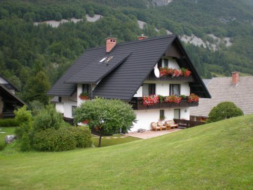 a house with a black roof with flowers on the windows at Apartmaji Vesna in Bohinj
