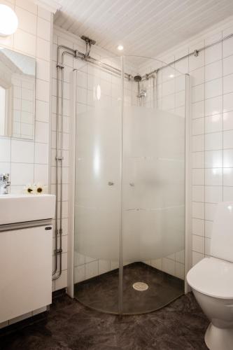 a bathroom with a glass shower and a toilet at Enångers Bed and Breakfast in Enånger